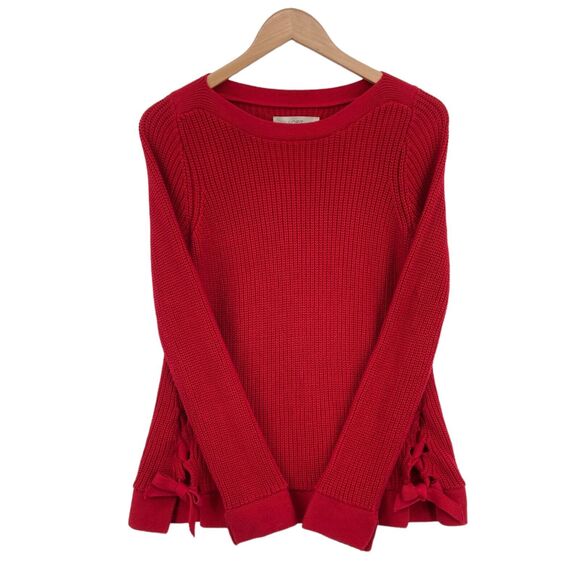 LOFT Women's Red Cable-Knit Long Sleeve Lace Up Tie Slit Pullover Sweater Size S - Picture 9 of 14